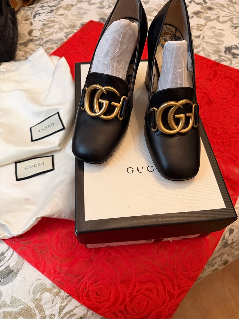 Gucci Black Leather GG Marmont Loafers with Gold Hardware
